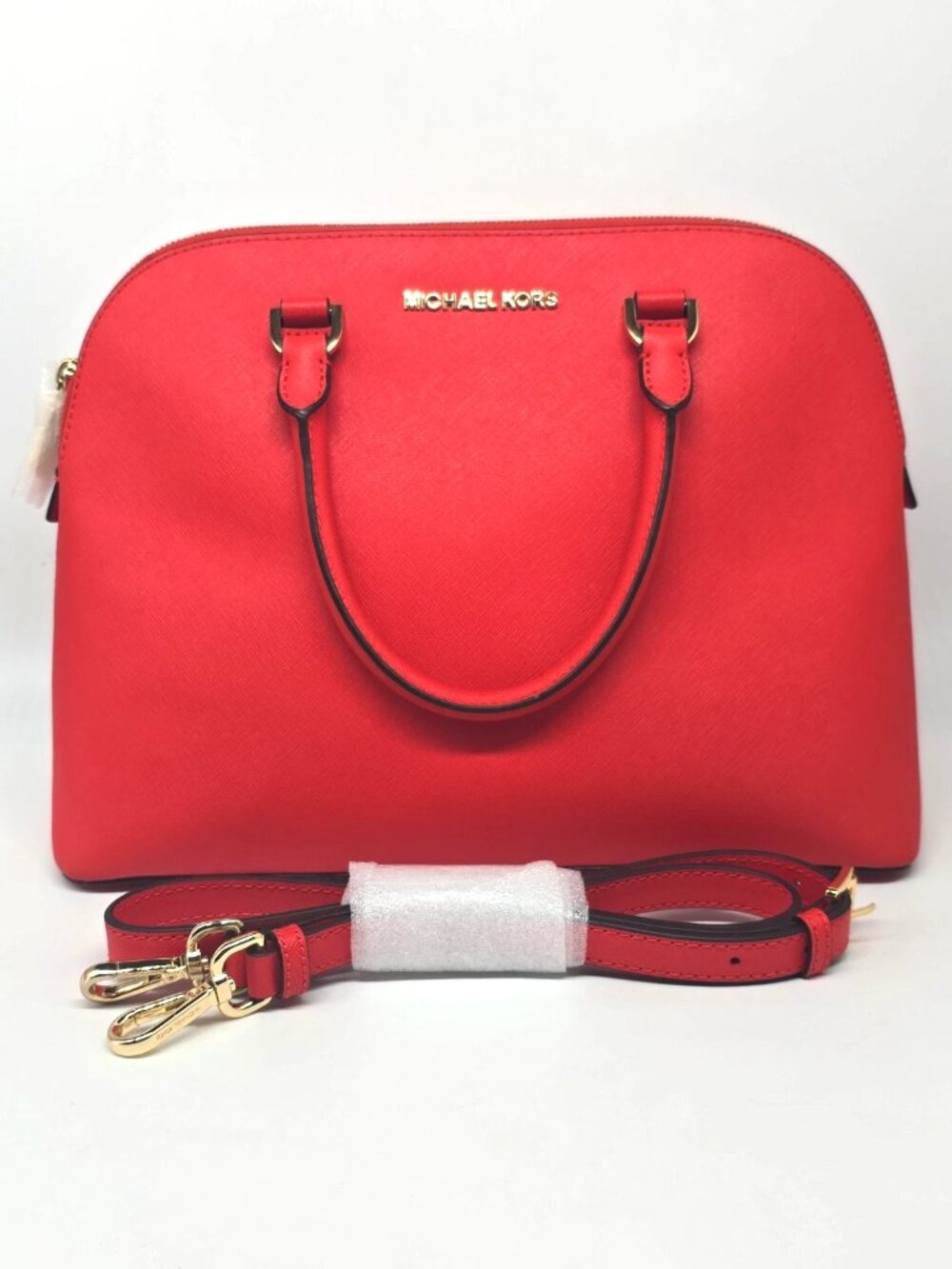 Michael Kors Cindy Saffiano Leather Dome Satchel Vibrant Red Crossbody Purse